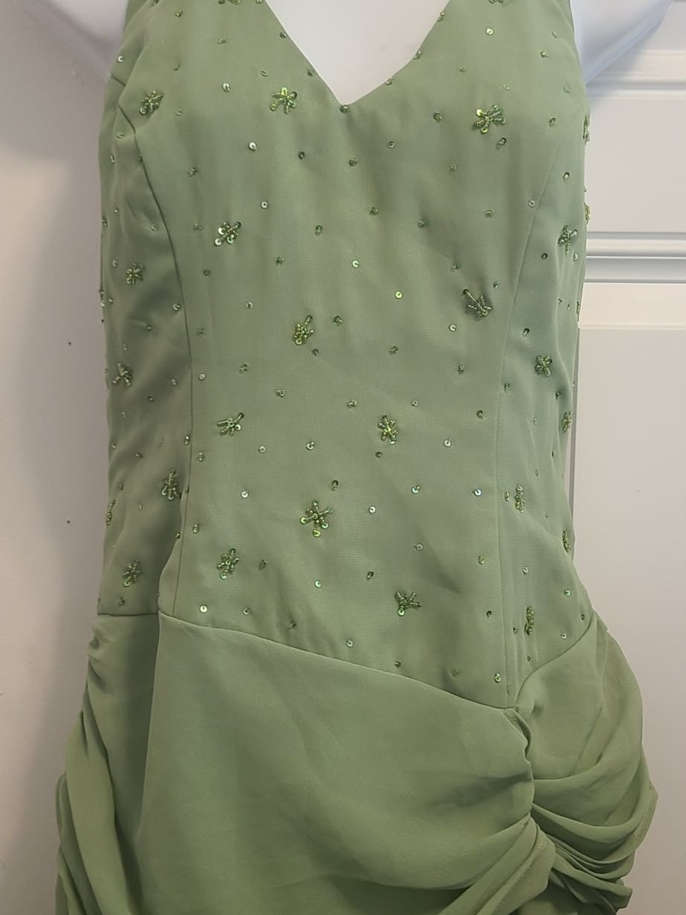 Halter Sage Green High-Low Ruffle Dress - Picture 8 of 9